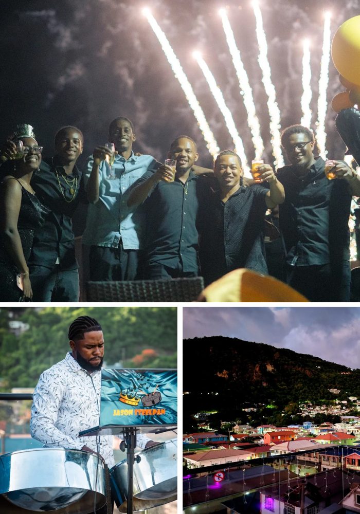 Guests celebrating at a private birthday party venue in St Lucia at Felicity Rooftop Restaurant with fireworks, live music, and city views
