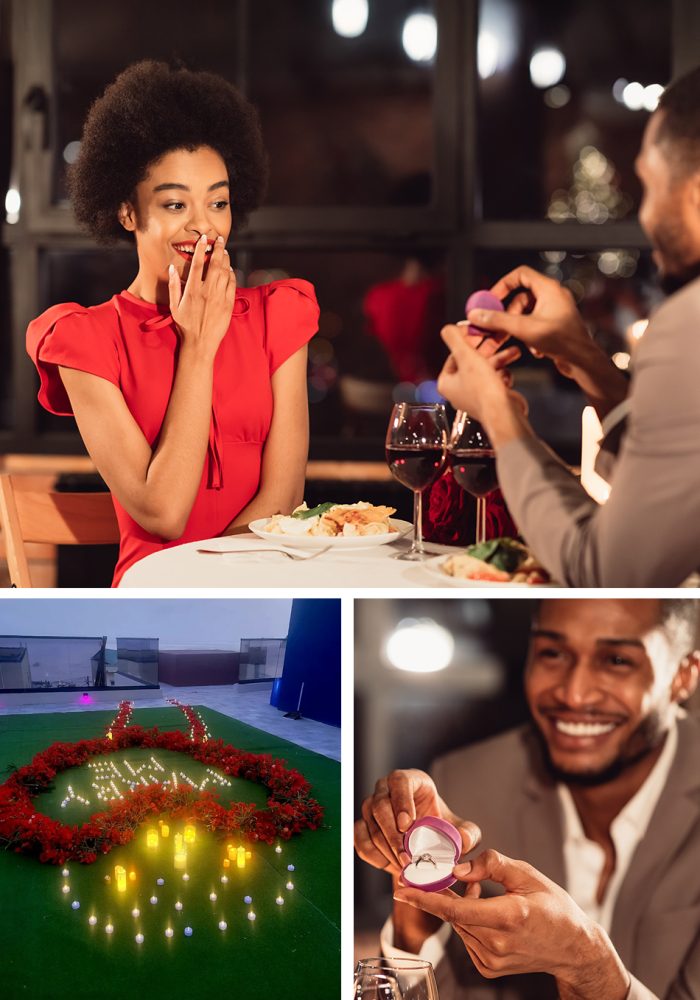 Romantic wedding proposal at a rooftop venue in St Lucia with candle setup, ring presentation, and intimate dinner at Felicity Rooftop Restaurant